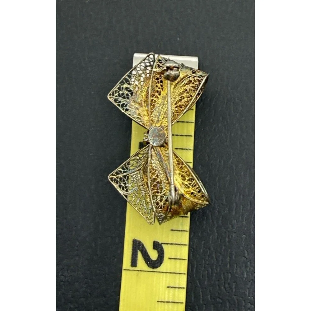 Vintage Sterling Silver Filigree Bow Brooch‎ Gold Wash Gilded Victorian Pin